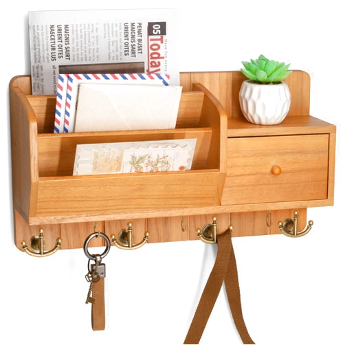 Rebee Vision Key Holder Wall Mount with Mail Organizer - Modern Farmhouse Key and Mail Holder for Wall with Wall Hooks and Drawer - Apartment Essentials for Home Decor Aesthetic(Light Brown)