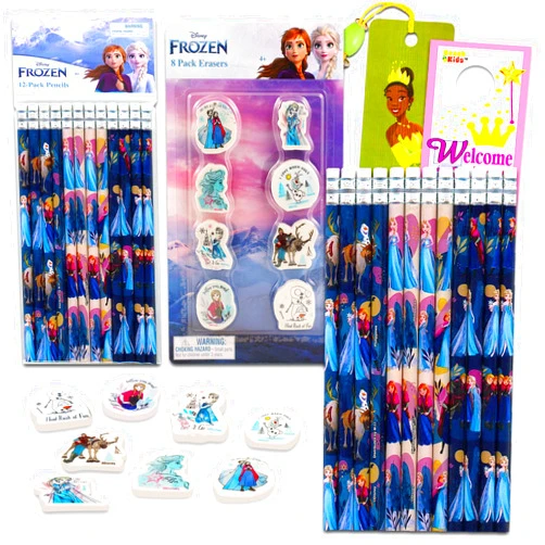 Frozen Disney Frozen Pencil and Eraser Set for Kids - Bundle with 12 Frozen Pencils, 8 Frozen Erasers, Bookmark, and More | Disney Frozen Party Supplies Set