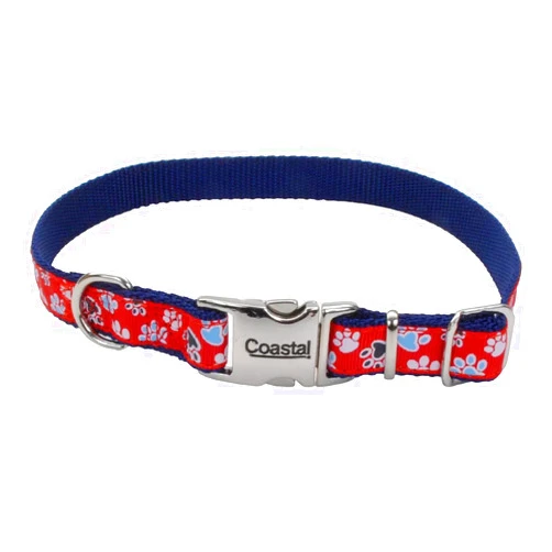 Coastal Pet - Ribbon - Adjustable Dog Collar with Metal Buckle, Red with Paws, 5/8