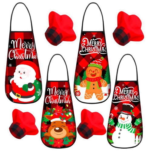 Geyoga 4 Sets Christmas Kids Apron and Chef Hat with Pocket for Girls Toddler Boys Snowman Deer Gingerbread Santa Apron for Kitchen Baking Crafting Painting Party Supplies