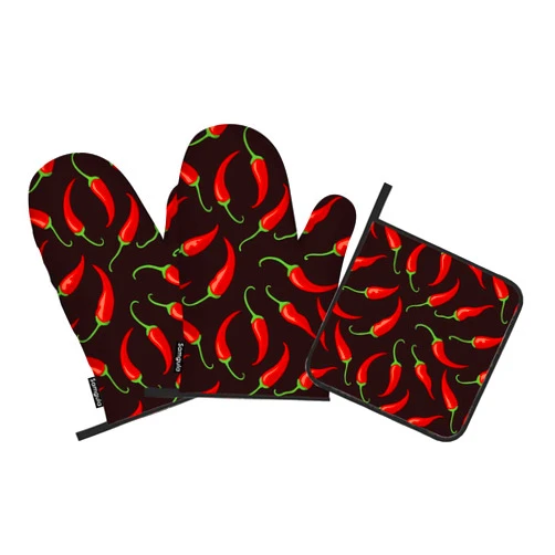 Samgula Red Chili Oven Mitts and Pot Holders Sets Vegetables Scattered in Dark Heat Resistant 3pcs for Cooking Baking BBQ