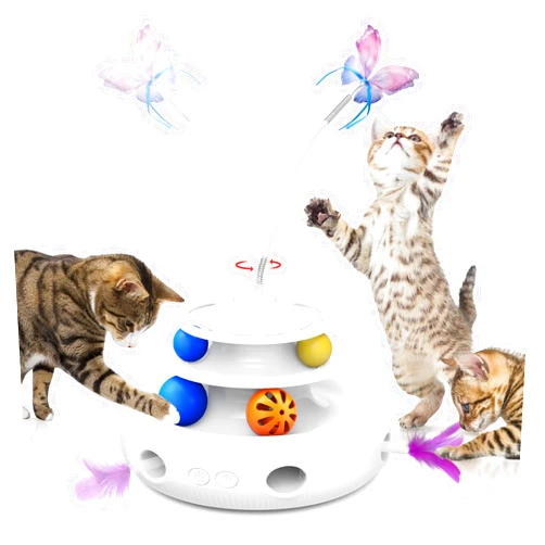 AIDIAM Cat Toys, 4-in-1 Rechargeable Automatic Interactive Cat Toy with Fluttering Butterfly, Random Moving Ambush Feather, Two-Tier Track Balls, 5H Smart Standby, Touch-Activated (White)