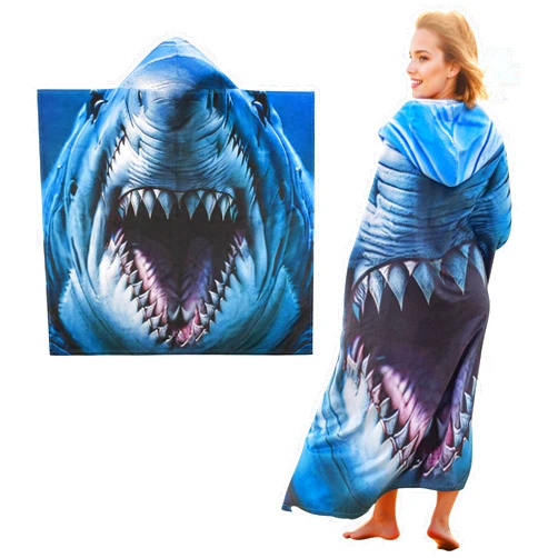 Tirrinia Lightweight Beach Poncho Towel with Hood for Adult Quick Dry Travel Surfer Pool Camping Beach Accessories Vacation Essential Summer, Microfiber Sandproof Women Men Adult Gift Shark