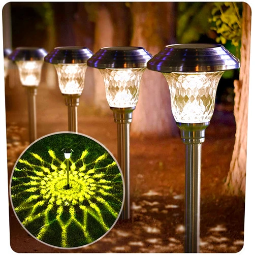 Beau Jardin 8 Pack Solar Pathway Lights Color Changing + Bright White Outdoor Garden Stake Glass LED Stainless Steel Waterproof Landscape Path Lighting for Yard Walkway Driveway Outside Silver