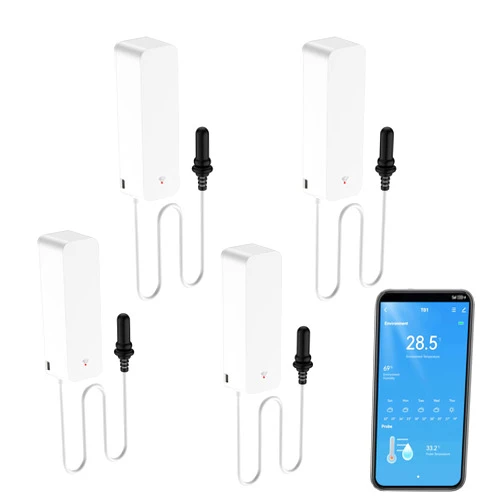 PHOVOLT Smart Thermometer Hygrometer: WiFi Temperature Sensor with External Probe, Weather Function Thermometer Humidity Meter for Freezer, Aquarium, App Alert,Remote Monitor, Compatible with Alexa (4PCS)