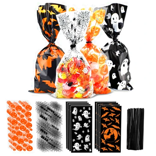 ERKOON 200pcs Halloween Candy Bags Pumpkin Spider Web Bat Ghost Print Candy Bags Halloween Treat Candy Twist Ties Gift Bags Kids Candy Bags for Halloween Party