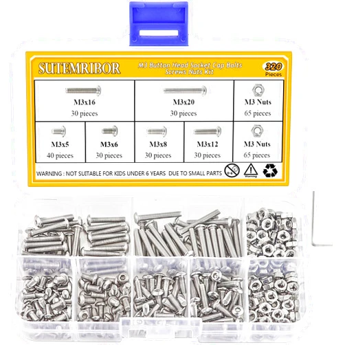 Sutemribor 320 Pieces M3 Stainless Steel Button Head Hex Socket Head Cap Bolts Screws Nuts Assortment Kit + Wrench