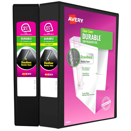 Avery Durable Clear View 3 Ring Binders, 1.5 Inch Slant Rings, 2-Pack of Black Binders (19300)