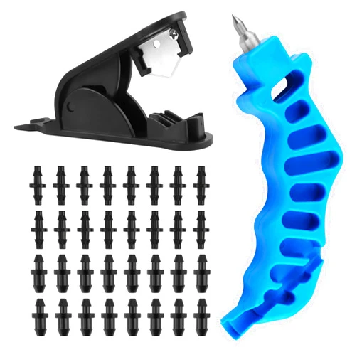 Kalolary Drip Irrigation Tubing Hole Punch Kit, 2-in-One Drip Irrigation Hole Punch Fitting Insertion Tool & 1/4 Inch Irrigation Hose Cutter with 16pcs Barbed Connectors & 16pcs Drip Irrigation Plugs