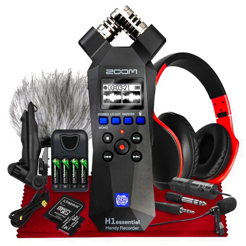 SonicSound Technologies Zoom H1essential Stereo Handy Recorder, H1 Essential (H1E) Portable Audio Recorder 32 Bit Float,USB & X/Y Microphone-64GB SD, Tripod, Mic Muff, Condenser Mic & More for Musician Vlogger Filmmaker