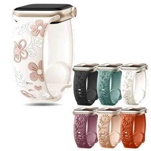 Witzon Floral Band Compatible with Apple Watch Bands For Women 41mm 40mm 38mm 42mm 44mm 45mm 46mm 49mm, Engraved Cute Flower Soft Silicone Inlay Strap for iWatch Series 10 9 8 7 6 5 4 3 2 1 SE Ultra