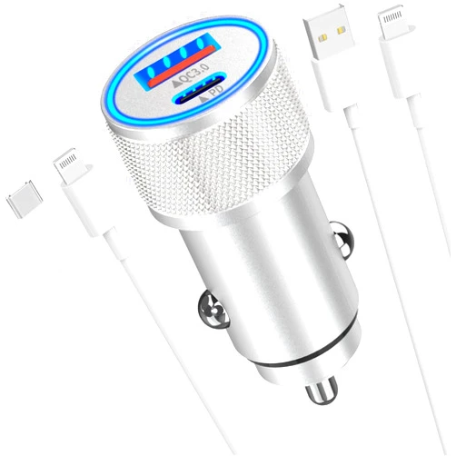 Caghuiin [Apple MFi Certified] iPhone Fast Car Charger, Veetone 48W Dual Port USB C Power Delivery All Metal Car Adapter with 2 Pack Lightning Cable, PD/QC 3.0 Type C Rapid Car Charging for iPhone/iPad/Airpods