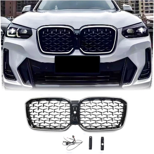 QIGJNQN Suitable for BMW X3 Front grille, kidney grille replacement BMW X3 Series with light LED day running light (ABS, glossy black) (The stars are half silver)