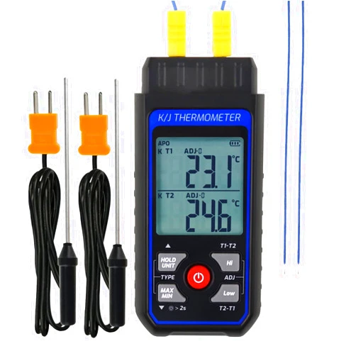 Landtek Thermocouple Thermometer Digital Dual Channels K/J Type Thermometer with 4 K-Type Thermocouples, -328~2501℉ Measuring Range Temperature Meter HVAC Thermometer with Alarm & ADJ Compensation