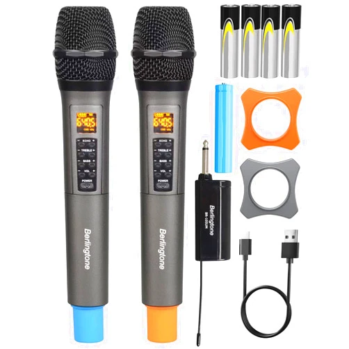 Berlingtone) Dual UHF Wireless Dynamic Handheld Microphone Systems, 60 Adjustable Frequency Channel, with Echo, Treble, Bass Volume, Rechargeable Battery, for Singing, Church, up to 200Ft. Range