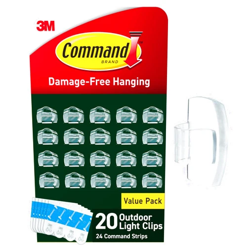 Command Outdoor Light Clips, 20 Clear Clips and 24 Command Strips, Damage Free Hanging Outdoor Light Clips with Weather Resistant Strips, Wall Clips for Hanging Outdoor Lights and Cable Management
