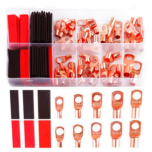 ALAHUGYEF Battery Cable Ends, 150pcs Copper Cable Wire Lugs, AWG 2 4 6 8 10 12 Gauge Wire Connectors, Copper Battery Terminal Connectors, Ring Terminals Connectors, Contain 80pcs Heat Shrink Tubing
