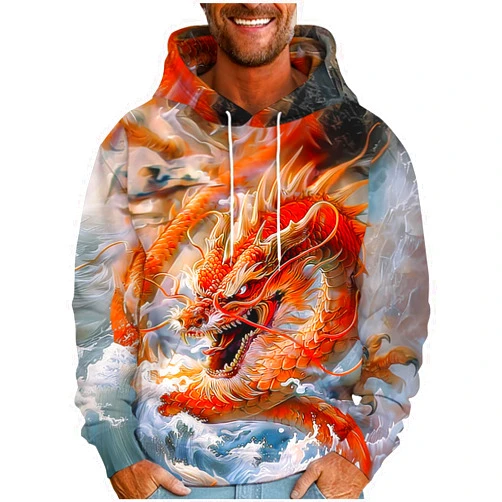 Finelylove Hoodies for Men Funny 3D Print Dragon Graphic Hoodie Cool Animal Sweatshirt Heavyweight Hooded Pullover