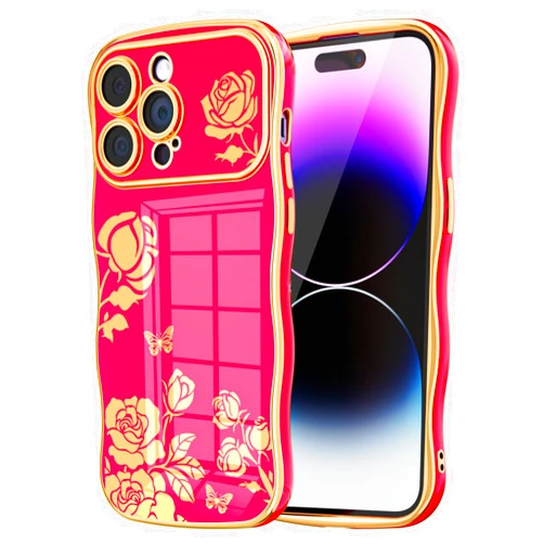 MINSCOSE for iPhone 14 Pro Max Phone Case,Luxury Cute Curly Wave Frame with Rose Flower Plating Pattern,Raised Full Camera Lens Protection Cover for Women Girls for iPhone 14 Pro Max-Hot Pink
