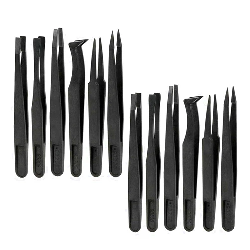 KIMRDIABTE 12pcs Plastic Anti static Tweezers Set, Plastic Tweezers for Electronics Jewelry DIY Repair Tool - Curved Straight Elbow Round Tip Anti Static Precision Black