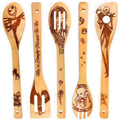 FUTERLY Jack Skellington Wooden Spoons for Cooking Utensils Set - Magic Pattern Burned Spatulas Kitchen Utensil Set for Kitchen Decor,Nightmare Before Christmas GiftS for Fans and Friends