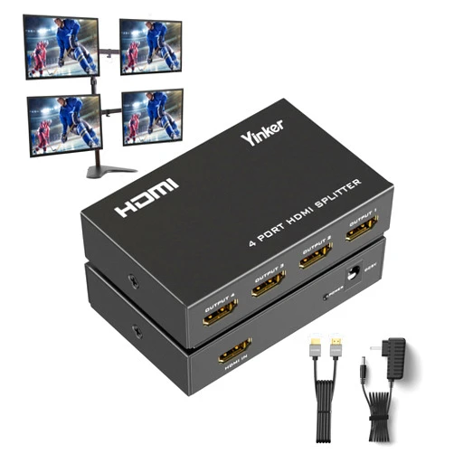 Yinker HDMI Splitter 1 in 4 Out + 5ft HDMI Cable, Splitter for Monitors Duplicate/Mirror Only, 1x4 HDMI Splitter 4 Ports w/AC Adapter for Full HD 1080P 4K x 2K and 3D Resolutions