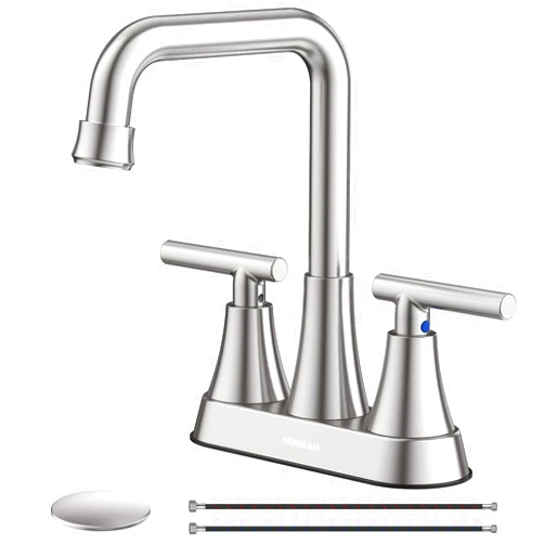 Hurran Bathroom Sink Faucet, Hurran 4 inch Brushed Nickel Bathroom Faucets for Sink 3 Hole with Pop-up Drain and Supply Lines, Stainless Steel 2-Handle Centerset Faucet for Bathroom Sink Vanity RV Restroom