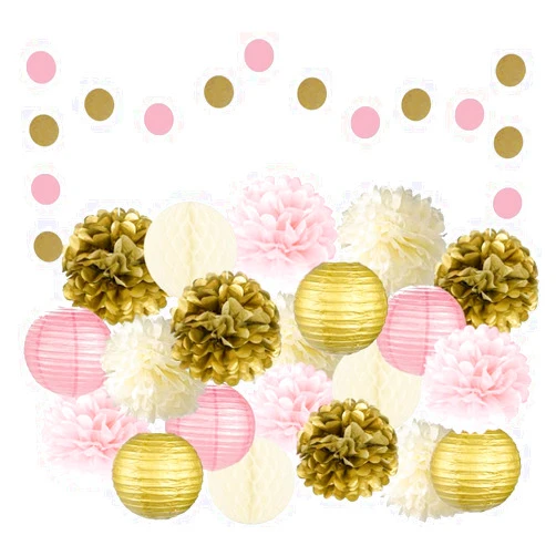 EpiqueOne 22-Piece Tissue Paper Pom Poms Party Set - Pink, Gold & Ivory | Includes 12 Pom Poms, 6 Paper Lanterns, 3 Honeycomb Balls & 1 6.5 ft. Garland | For Birthdays, Bridal or Baby Showers & More