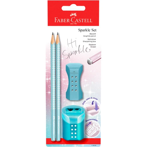 Faber-Castell Sparkle 118297 Pencil Set with Sharpener, Eraser and 2 Pencils, Writing Set Ocean Metallic