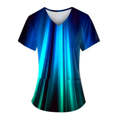 AMXYFBK Women Scrub Tops Plus Size Trendy Starlight Printed Blouses Short Sleeve V-Neck Nurse Working Uniform with Pockets