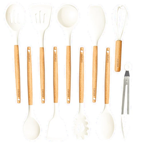 CAROTE Silicone Cooking Utensils Set for Kitchen,446°F Heat Resistant 10 pcs Non-Stick Cooking Set with Wooden Handle Spatula Turner Spoon Tongs Whisk