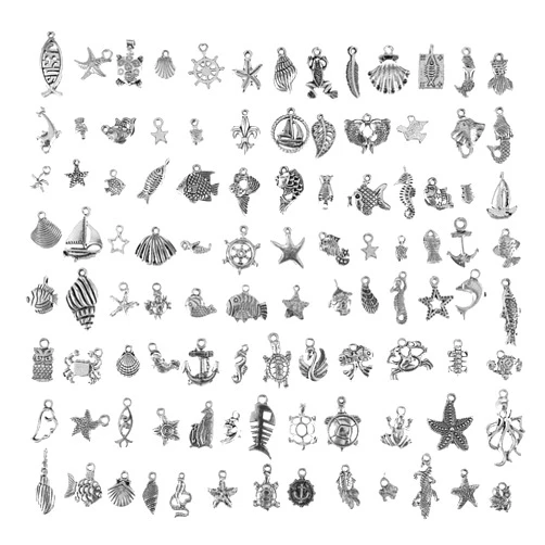 CCINEE Wholesale 100 Pieces Assorted Antique Charms Ocean Themed Sliver Pendants for Jewelry Making and Craft Making