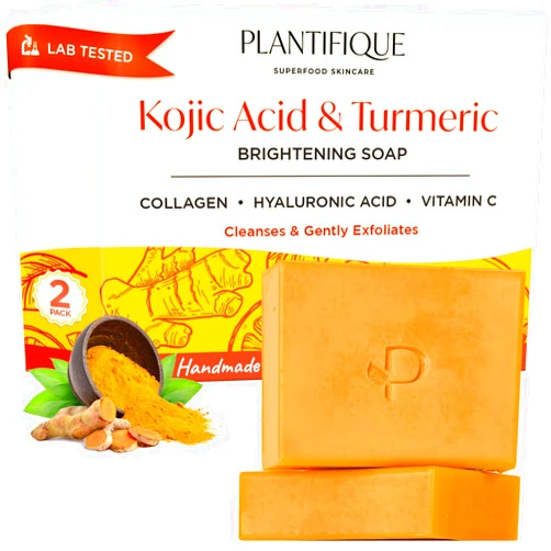 PLANTIFIQUE Kojic Acid Soap for Hyperpigmentation - Turmeric Soap 2 Bars with Hyaluronic Acid, Collagen, Vitamin C for Dark Spots - Face Wash for Women and Men, Vegan Skincare, 160g / 5.64 oz