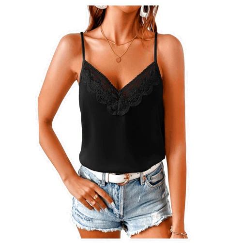 SweatyRocks Women's Sheer Lace V Neck Backless Tank Sleeveless Spaghetti Strap Tops