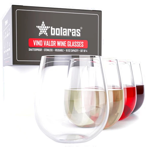 Bolaras Vino Valor Wine Glasses - Set of 4, Shatterproof, Stemless, 16oz, Tritan Plastic, BPA-Free, Reusable, Dishwasher Safe