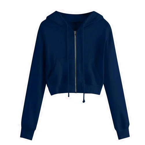 SPOORYYO Women's Casual Long Sleeve Sweatshirt Printed Hooded Zip Up Crop Tops Hoodies Comfy Pullover with Drawstring Navy Blue Medium