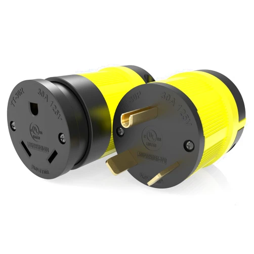 Journeyman-Pro NEMA TT-30R, 30 Amp, 125 Volt, Straight Blade Female RV Trailer Plug Connector, Black/Yellow Industrial Grade, Grounding 3750 Watts Generator TT30 (TT30R+TT30P Combo YLW)