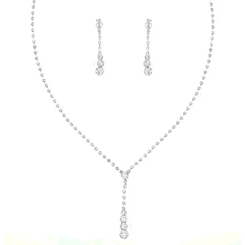 Fairyu Women's Wedding Necklaces Crystal Long Dangle Necklace Earrings Set Silver Bride Rhinestone Necklaces Earrings Drop Jewelry Dainty Y Pendant Necklace for Bridal