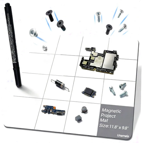 UnaMela Magnetic Mat Magnetic Project Mat with Waterproof Surface & Dry Erase Pen - Keep Screws and Small Parts Organized for Repairing Phone, Laptop, PC, Electronics - Large Size 11.8 x 9.8 inch