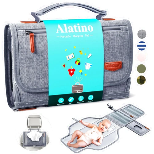 Alatino Portable Diaper Changing Pad for Baby, Detachable Travel Changing Pad with Baby Wipes Pocket, Gifts for Baby Shower, Newborn Girls and Boys (Grey)