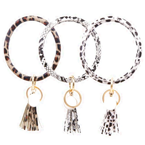 Apol 3 Pcs Wristlet Keychain Bracelet Bangle Keychain Holder Tassel Large Circle Key Chain Bangle Keyring for Women Girl Gift(Yellow Leopard, White Leopard, White Snakeskin)