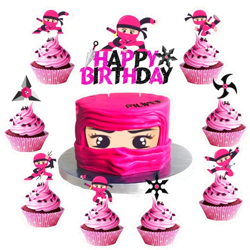 Fangleland 25 Pack Ninja Happy Birthday Cake Toppers Pink for Girls Warrior Ninja Master Theme Baby Shower Birthday Party Decorations