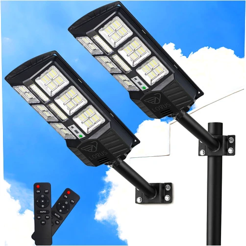 Lovus 2 Pack Solar LED Street Lights, 1000W Outdoor Solar Street Light Dusk to Dawn with Motion Sensor and Remote Control, IP67 Waterproof Solar Flood Security Light for Parking Lot, ST3-107-2
