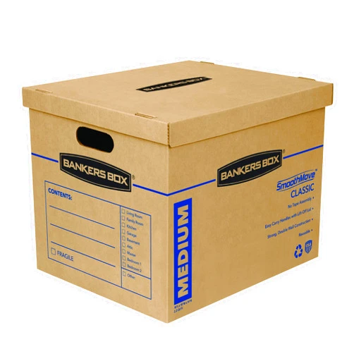 Bankers Box Medium Classic Moving Box 10 Pack, Reinforced Handles, Tape-Free Assembly, Box with Lid, 19-in x 14.5-in x 15.5-in (8817201)