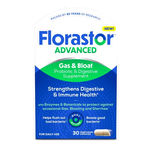 Florastor Advanced Gas & Bloat Probiotic and Digestive Supplement – Digestive Enzymes and Botanicals, Plus Probiotics for Digestive Health – 30 Capsules