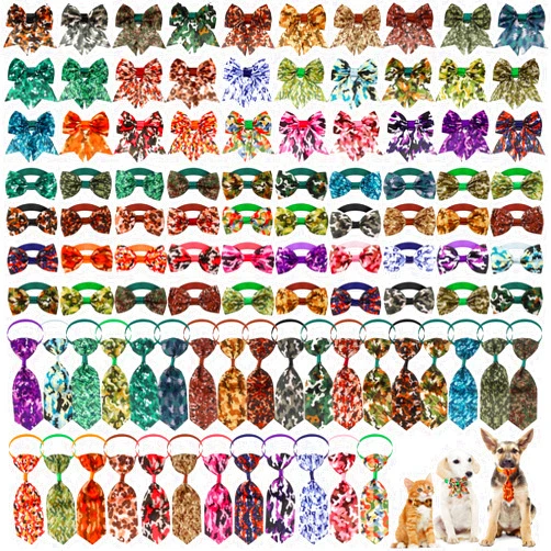 Reginary 100 Pcs Dog Bow Tie Collar Set Include 40 Dog Bow Tie 30 Dog Neckties 30 Collar Flowers Camo Bulk Pet Bowties with Adjustable Collar for Small Medium Dogs Supply Birthday Holiday Accessories
