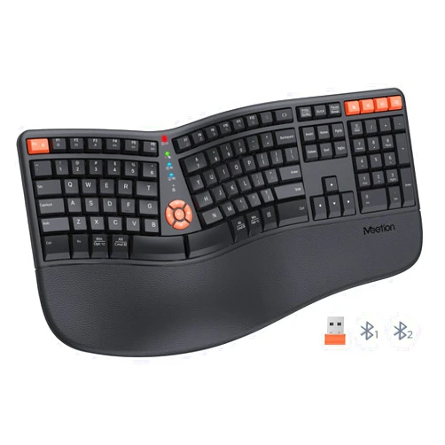 MEETION New Ergonomic Keyboard, Wireless Split Ergo Keyboard with Cushioned Wrist Rest, Full Size, USB-C Rechargeable, USB & Bluetooth Keyboard for Multi-OS Windows/Mac, Computer/Laptop/Tablet, Black