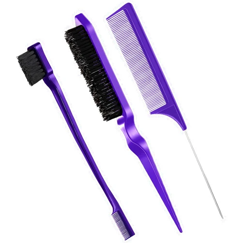 Geiserailie 3 Pcs Slick Back Hair Brush Set Bristle Hair Brush Edge Control Brush Teasing Comb for Women Baby Kids' Black Hair (Purple)
