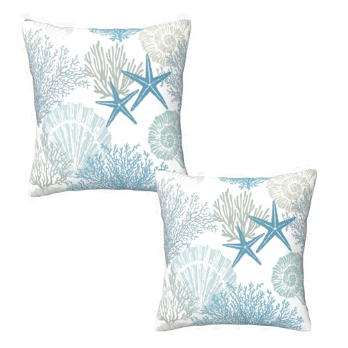 Tebjh Nautical Coastal Beach Pillow Covers 18x18 Set of 2, Ocean Themed Seashell Coral Starfish Throw Pillow Covers Outdoor Decorative Pillow Case for Couch Bed Sofa Cushion Home Decor