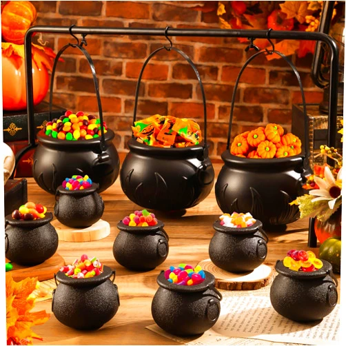 YGAOHF Cauldron Halloween Decor - Set of 12 Plastic Witches Cauldron Serving Bowls on Rack, Spooky Candy Bucket for Indoor Outdoor Home Decorations, Black